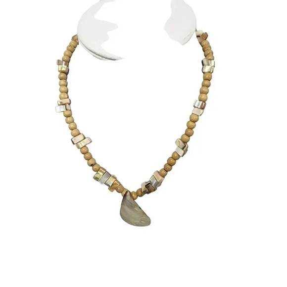 N/A Jewelry - Moonstone Pendant – Wood Beads Necklace – 14 inch Necklace – Closed